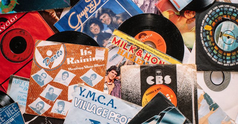 Music Culture - Set of retro vinyl records on table